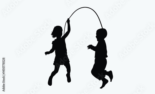 Children skipping rope silhouette, kids playing silhouette, jump rope fun scene, playful children black icon, outdoor kids activity silhouette