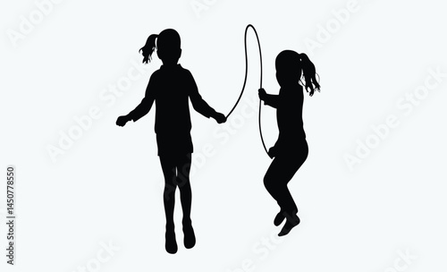 Children skipping rope silhouette, kids playing silhouette, jump rope fun scene, playful children black icon, outdoor kids activity silhouette