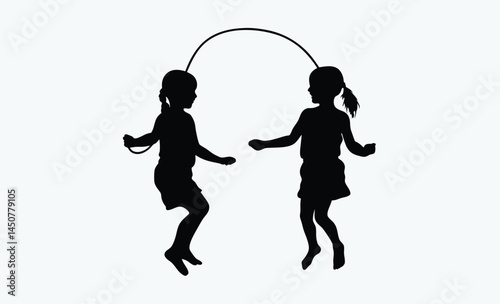 Children skipping rope silhouette, kids playing silhouette, jump rope fun scene, playful children black icon, outdoor kids activity silhouette