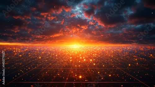 Sunset city network, digital clouds