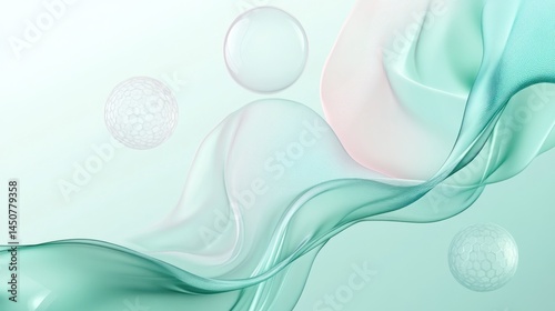 Abstract teal and pink flowing wave with spheres.