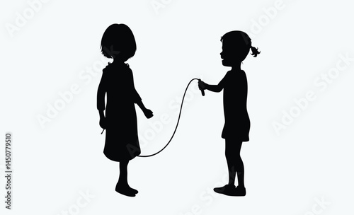 Children skipping rope silhouette, kids playing silhouette, jump rope fun scene, playful children black icon, outdoor kids activity silhouette