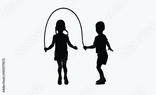 Children skipping rope silhouette, kids playing silhouette, jump rope fun scene, playful children black icon, outdoor kids activity silhouette