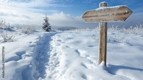 Snowy trail with a sign pointing the way