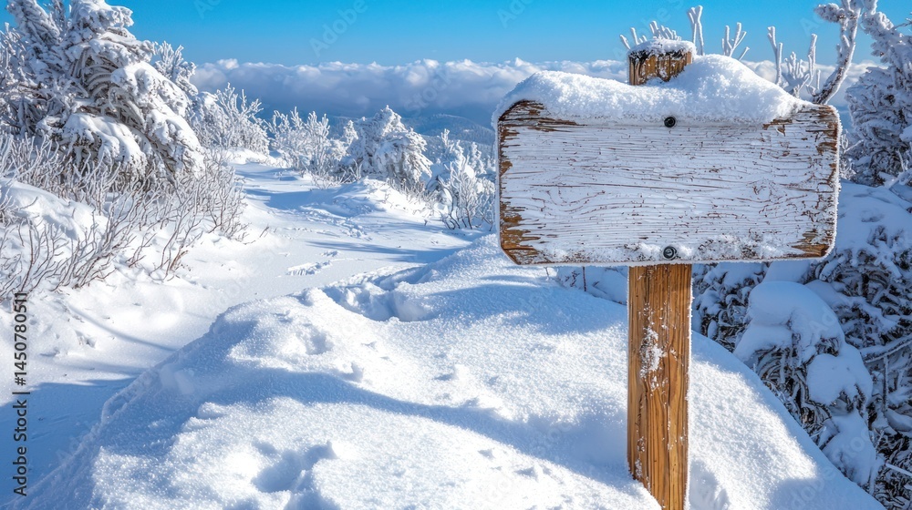Naklejka premium Snowy trail with blank wooden sign, blue sky above