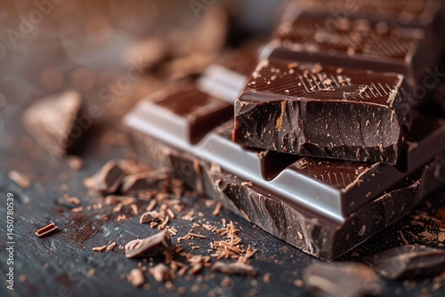 Rich and decadent chocolate bars stacked together on a dark surface, with shavings and pieces scattered around.