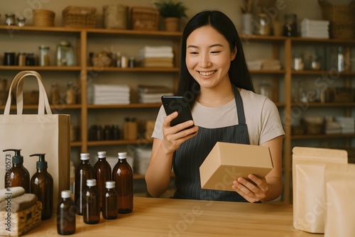Smiling Small Business Owner Using Smartphone While Holding Product Box in Eco-Friendly Store with Natural Packaging