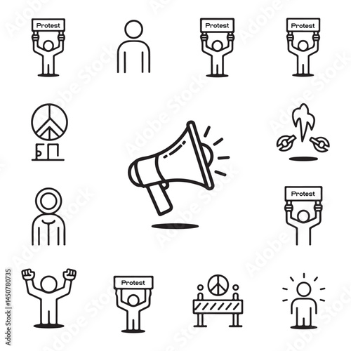 Protest and Activism Vector Icons Set – Thin Line Civil Rights Symbols, Placards, Fists, Megaphones, and Peace Signs – Minimalist Outline Style for Social Awareness Design