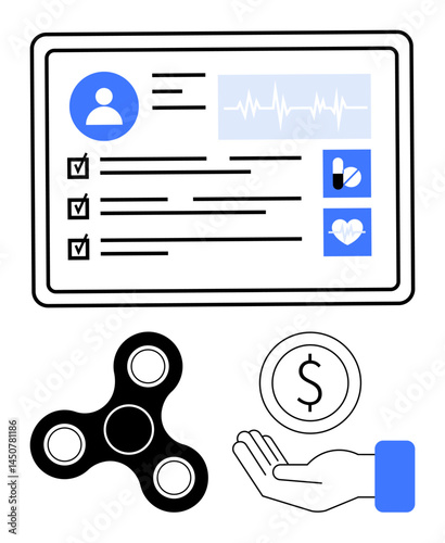 Digital tablet displaying health profile with user details, checklist, and medical data. Fidget spinner symbolizes stress relief. Hand with coin indicates financial aid. Ideal for healthcare, mental
