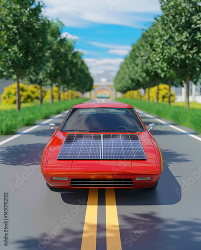 A silver sedan with solar panels on the roof drives along a sunny, winding green-lined road under a clear sky.