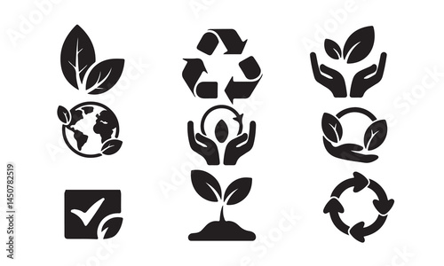 Collection of Eco-Friendly Icons for Sustainable Practices on white