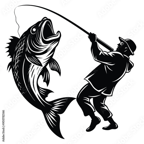 Fisherman Hooking a Giant Fish: Black and White Silhouette, Fishing Rod, Catching