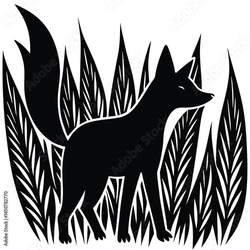 Black Silhouette Fox in Tall Grass, Minimalist Woodcut Style, Nature Illustration