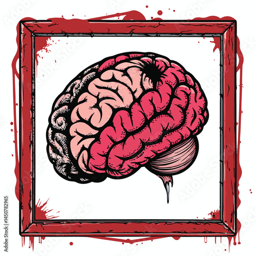 Render a horrifying, stitched-together brain within a bloody, gushing frame. Employ a dark, gritty horror style.  High detail, realistic gore.