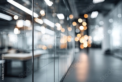 Modern office hallway with glass partitions, featuring blurred interior spaces and warm lighting
