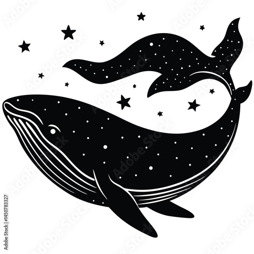 Cosmic Whale Silhouette with Stars: Black and White Illustration, Celestial Art, Ocean Animal