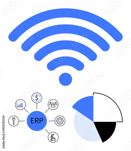 Wireless signal with ERP diagram linking modules thumbs up analytics, finances, and tools, and a pie chart highlighting data breakdown. Ideal for business management, connectivity, productivity