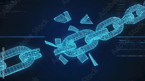 Futuristic wireframe model of a broken chain with random numbers, abstract tech background, concept of blockchain hacking or cryptocurrency drop in value cinematic lighting 4k video