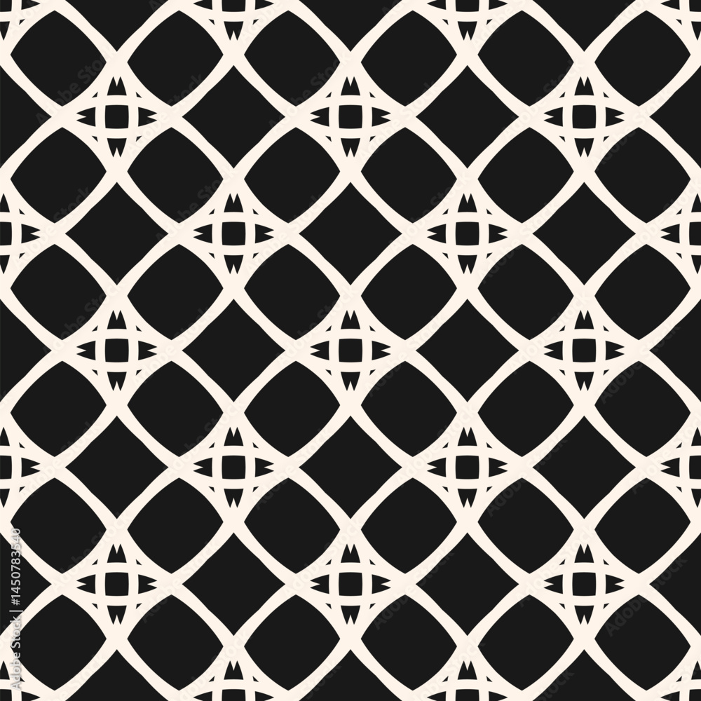 Abstract geometric seamless pattern with linear grid, lattice, mesh, net, diamond shapes. Simple elegant black and white background texture. Repeated monochrome design for print, cover, carpet, decor Abstract geometric seamless pattern with linear grid, lattice, mesh, net, diamond shapes. Simple elegant black and white background texture. Repeated monochrome design for print, cover, carpet, decor