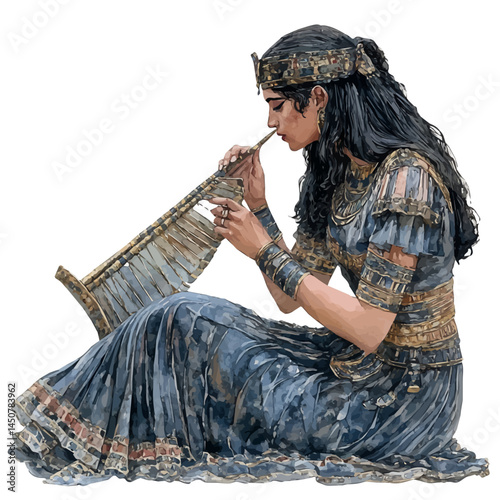 Egyptian Goddess Hathor Playing The Sistrum, vector watercolor illustration, isolated on a white background.