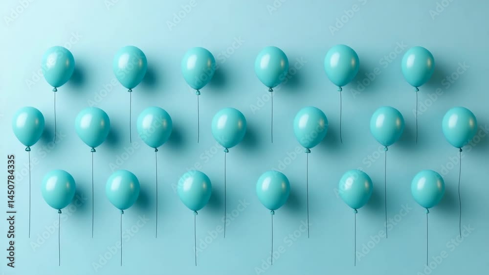 Pastel blue balloons arranged in rows on light blue background, celebration or party decoration flat lay, helium filled balloons with string Pastel blue balloons arranged in rows on light blue background, celebration or party decoration flat lay, helium filled balloons with string