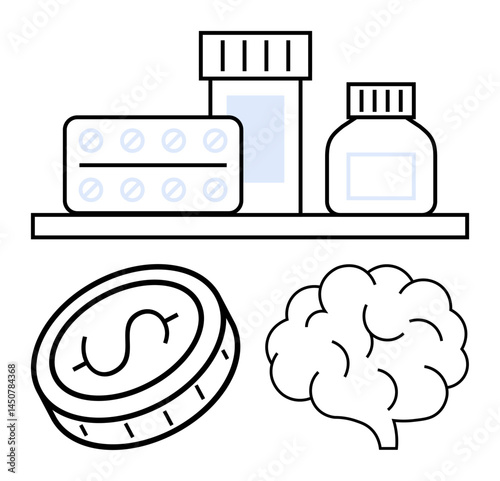 Medication bottles, blister pack, and shelf alongside a dollar coin and brain outline. Ideal for themes thumbs up healthcare, economics, mental health, pharmacy, cost analysis, neurology simple