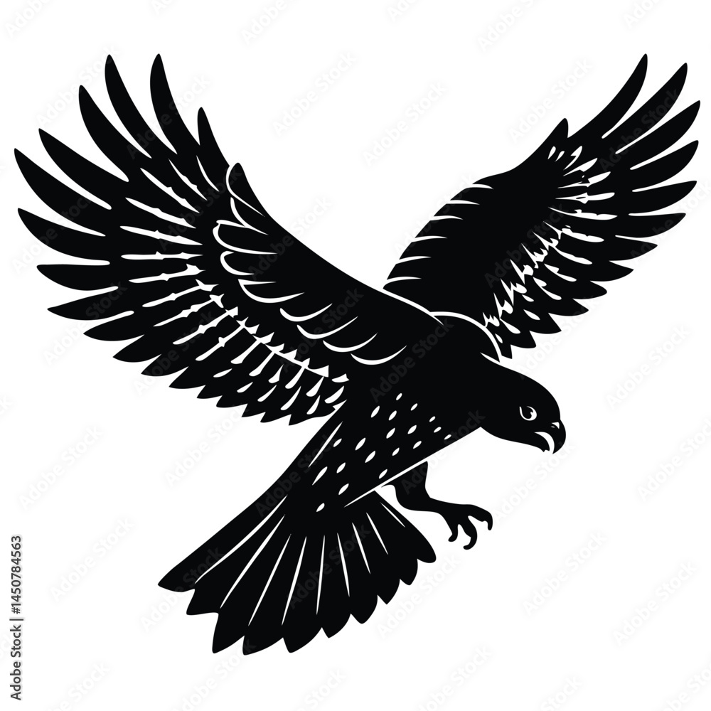 Fototapeta premium Black Silhouette of a Hawk in Flight, Vector Art, Eagle with Wings Spread, Bird of Prey