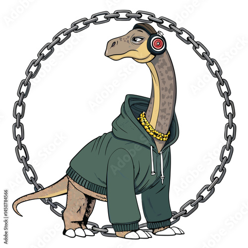 A stylish brachiosaurus, dressed in street fashion, wearing headphones, strolls down a city street.