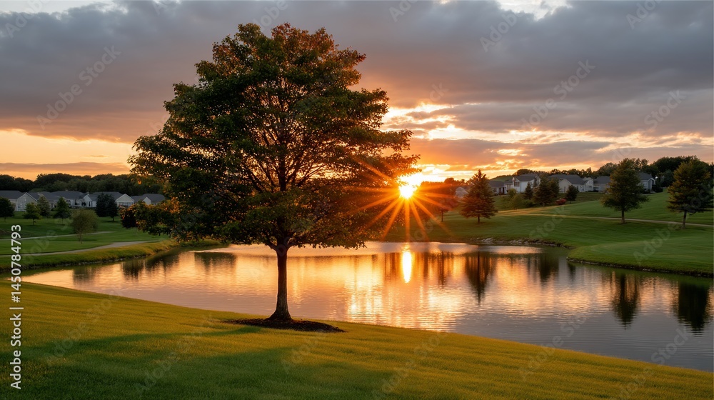 Obraz premium Sunset behind tree on lake