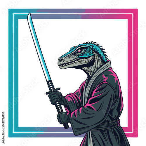 Cyberpunk raptor samurai, sleek armored feathers, holding katana, neon city backdrop, futuristic street scene.