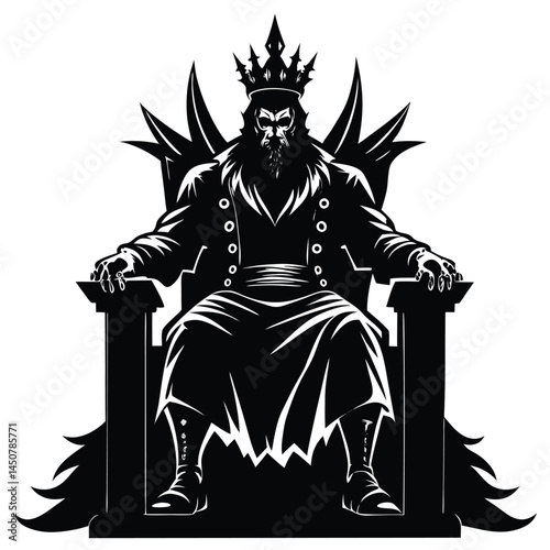 Black and White King on Throne Silhouette, Regal Figure, Fantasy Art, Crowned Ruler