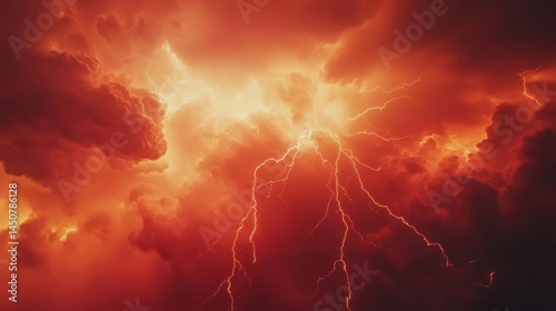 Dramatic sky with intense red clouds and bright lightning strikes creating a powerful and ominous atmosphere for a stormy weather concept and natural phenomenon