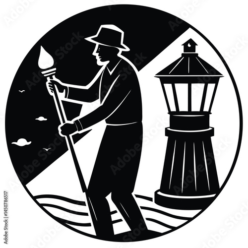Vintage Lighthouse Keeper Silhouette with Torch and Lighthouse in Black and White