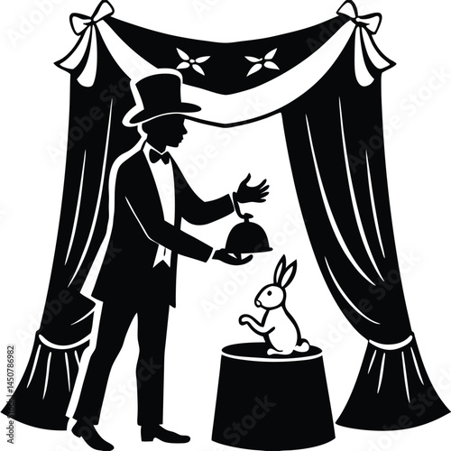 Magician Silhouette Performing Magic Trick with Rabbit and Stage Curtain in Black and White
