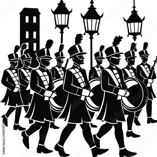 Black and White Marching Band Silhouette with Lanterns and Building Illustration