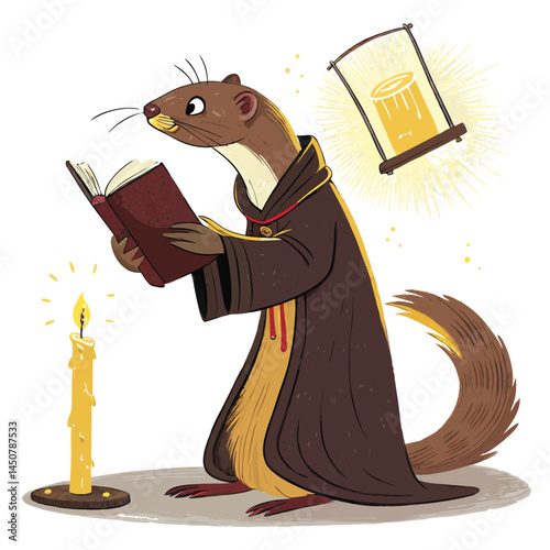 A cunning weasel, wearing a scholar's robe, illuminated by the glow of an ancient, magically glowing book resting on its brow.