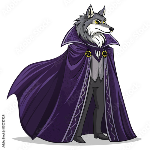 A majestic wolf, elegantly attired in a dark velvet gothic count's costume, complete with a cape and cravat.  Intricate details are crucial.