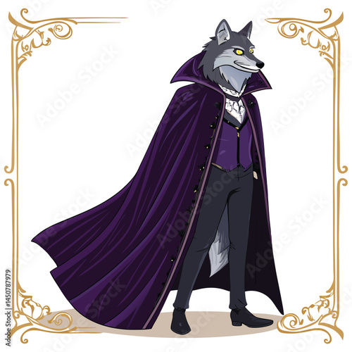 A majestic wolf, elegantly attired in a dark velvet gothic count costume, complete with a cape and cravat.  Intricate details are crucial.