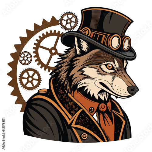 A majestic wolf, impeccably dressed in a Victorian steampunk outfit, complete with goggles and gears.  Detailed textures and intricate design.