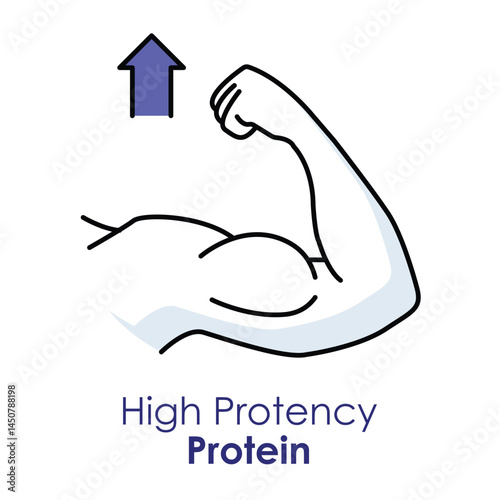 Vector icon for high potency protein. Displays a muscular arm with upward arrows, representing strength, fitness, and muscle-building benefits.