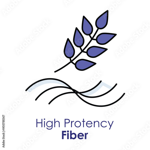  Vector icon for high potency fiber. Illustrates a plant leaf and waves, symbolizing dietary fiber for digestion and wellness.