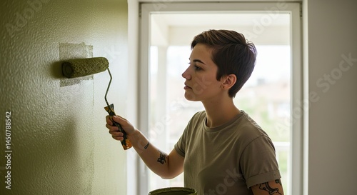 Woman painting interior wall with roller for home renovation project