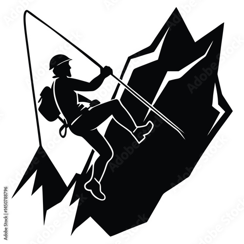Silhouette of a Rock Climber Rappelling Down a Mountain Peak, Black and White Vector