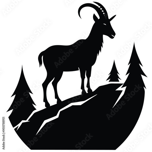 Silhouette of an Alpine Ibex on a Rocky Hill with Pine Trees, Vector Art, Black and White