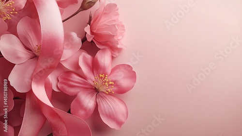Floral arrangement with pink flowers and ribbon on a soft background