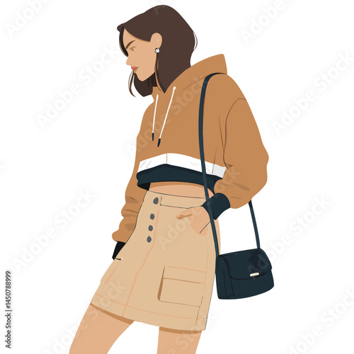 A stylish woman poses confidently, wearing a cropped hoodie, cargo skirt, and chunky sneakers.  The image showcases contemporary streetwear fashion.