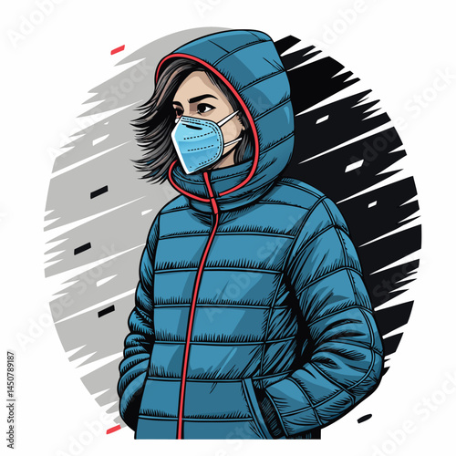 A stylish woman, masked, bundled in a vibrant, oversized puffer coat, stands against a digitally rendered, abstract background.  High-resolution, detailed texture.