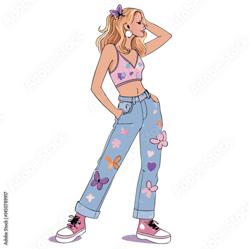 A stylish Y2K-era girl, sporting low-rise jeans, poses playfully with a pat of butter.  Emphasis on vibrant, saturated colors and early 2000s fashion aesthetics.