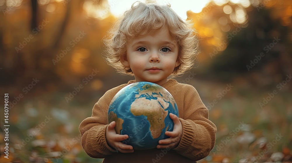 A young child with curly hair holding a globe in an outdoor setting with autumn colors visible around A young child with curly hair holding a globe in an outdoor setting with autumn colors visible around