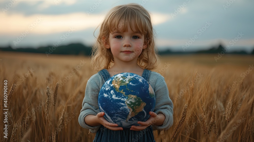 A young girl holding a globe in a field of wheat with a cloudy sky in the background at dusk or dawn A young girl holding a globe in a field of wheat with a cloudy sky in the background at dusk or dawn